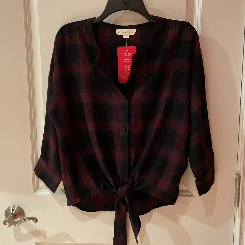 NWT Lovestitch Evereve Plaid Tie Front Buttondown - Medium